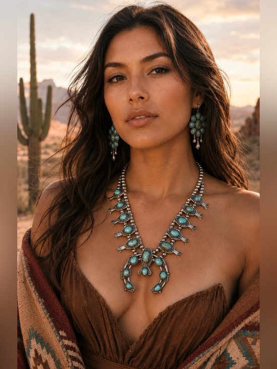 Native American Jewelry - Native American 900 Silver Natural Turquoise Squash Blossom Naja Necklace